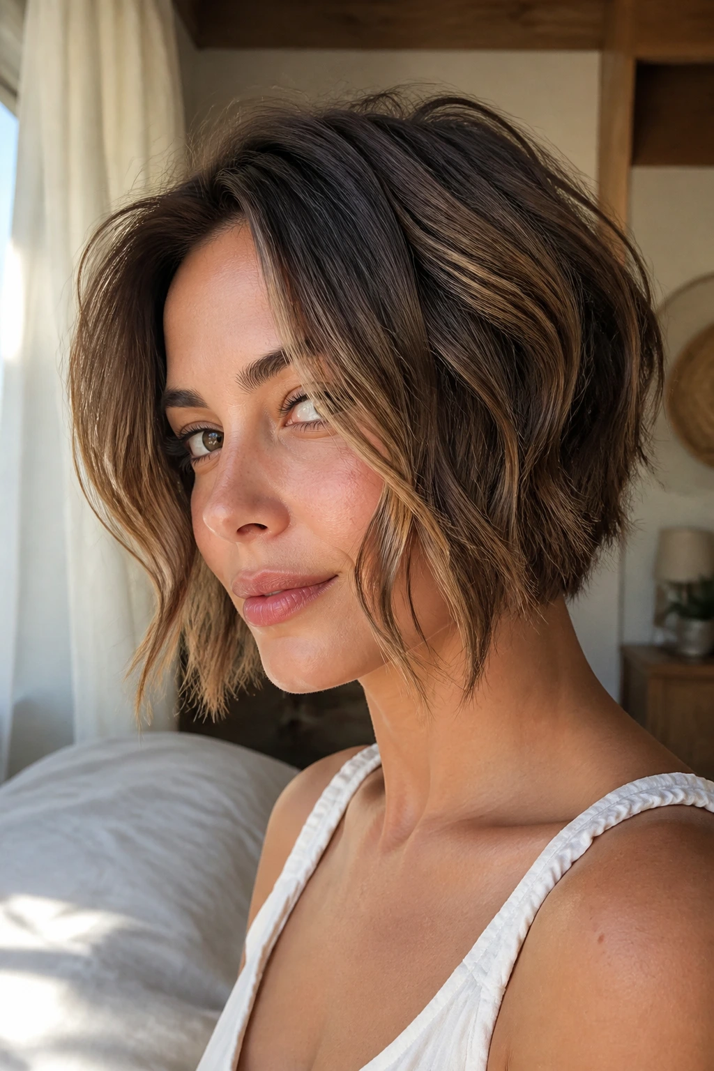 Close-up portrait of a real woman with a graduated wavy bob, crown stack and face-framing waves.