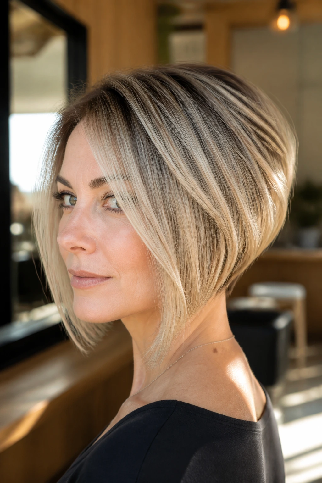 Close-up portrait of a real woman with a classic graduated wedge showing a short nape and voluminous crown.