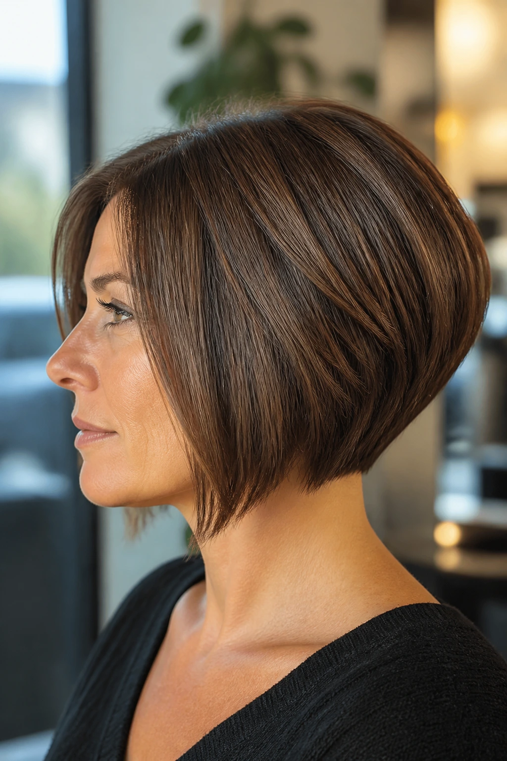 Close-up of a real woman with a classic graduated wedge showing a tight nape stack and jaw-length silhouette