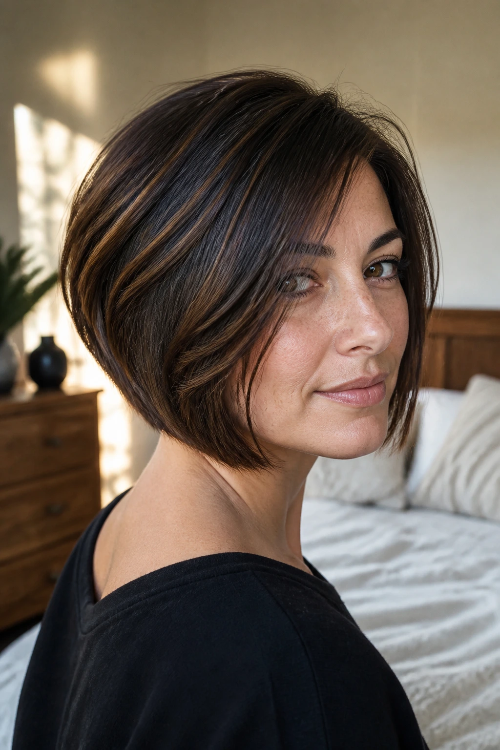 Close-up of real woman with graduated bob showing stacked back for volume.