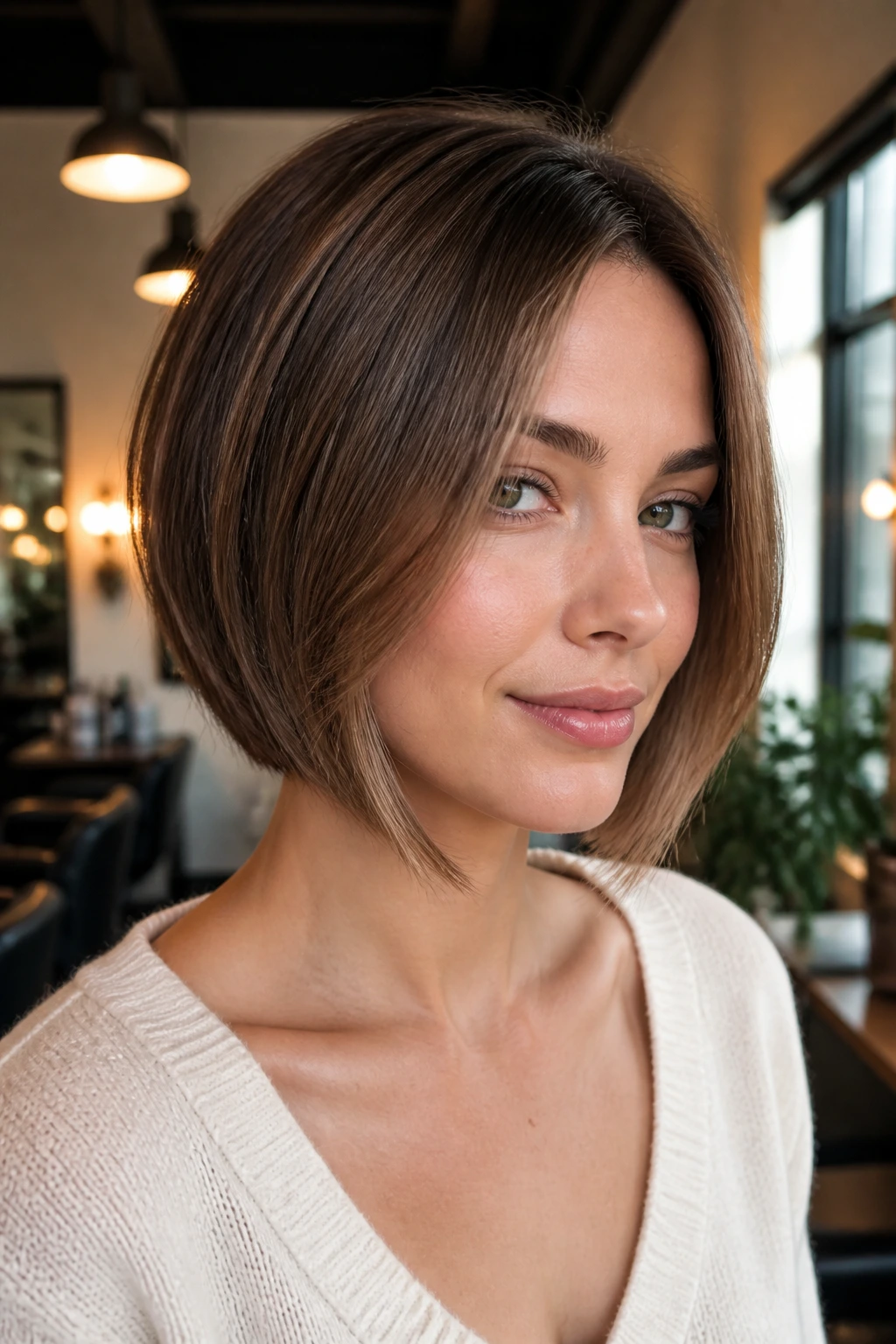 Portrait of a real woman with face-framing graduation bob highlighting cheekbones in a warm salon.