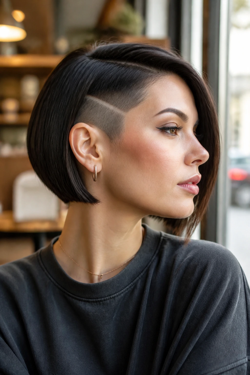 Close-up of The Graphic Geometric Bob with diagonal undercut line