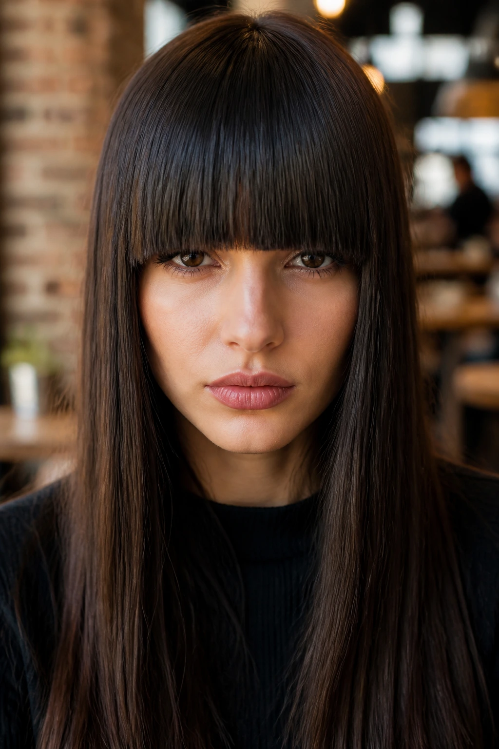 Close-up of a real woman with a blunt straight-across fringe above the lashes