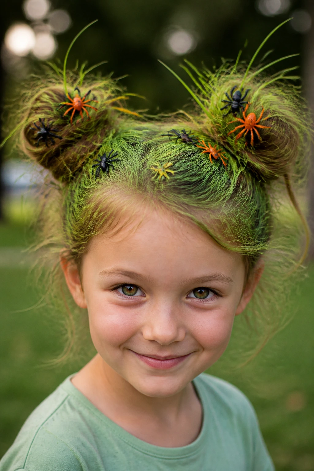 Close-up of a real child with green grass patch hairstyle and plastic bugs
