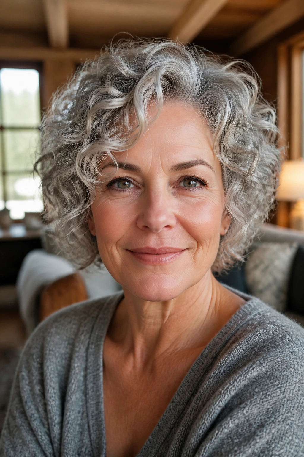 Close-up of a real woman with silver-gray curly stacked bob in a cozy living room.
