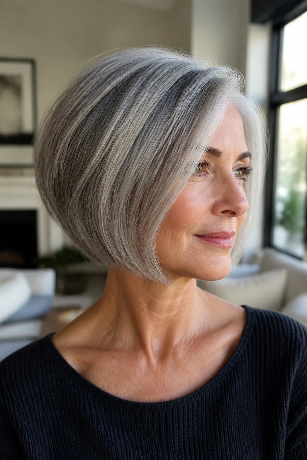 Close-up portrait of a person with gray inverted bob and silver hair in daylight