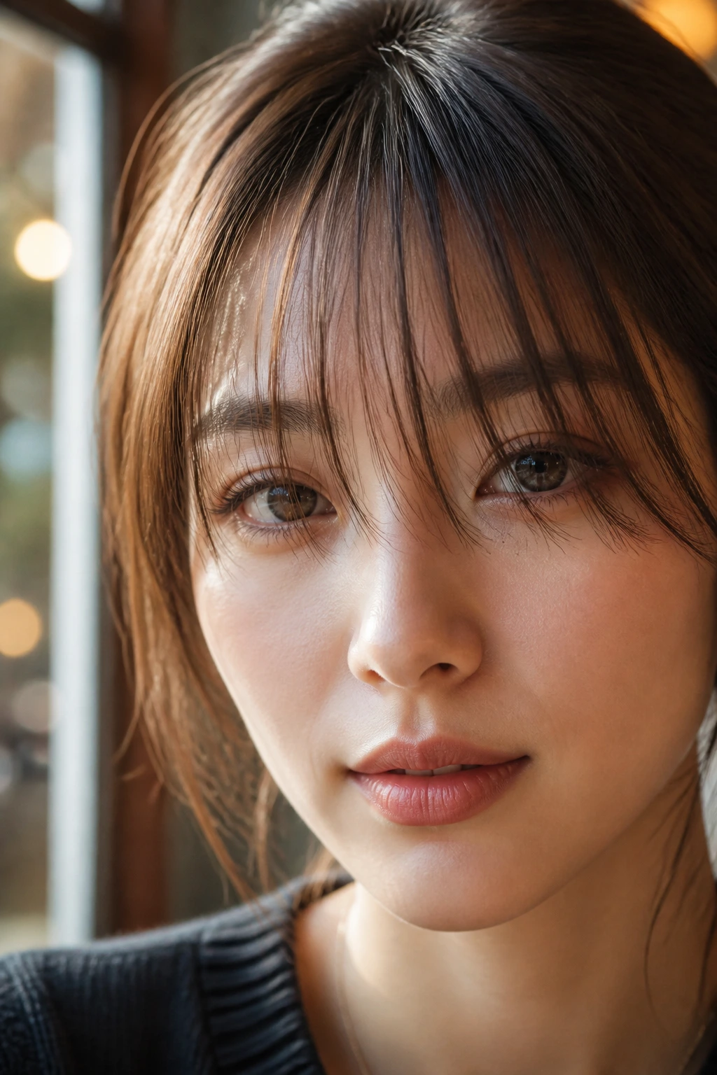 Eyes visible through very thin bangs grazing eyelashes