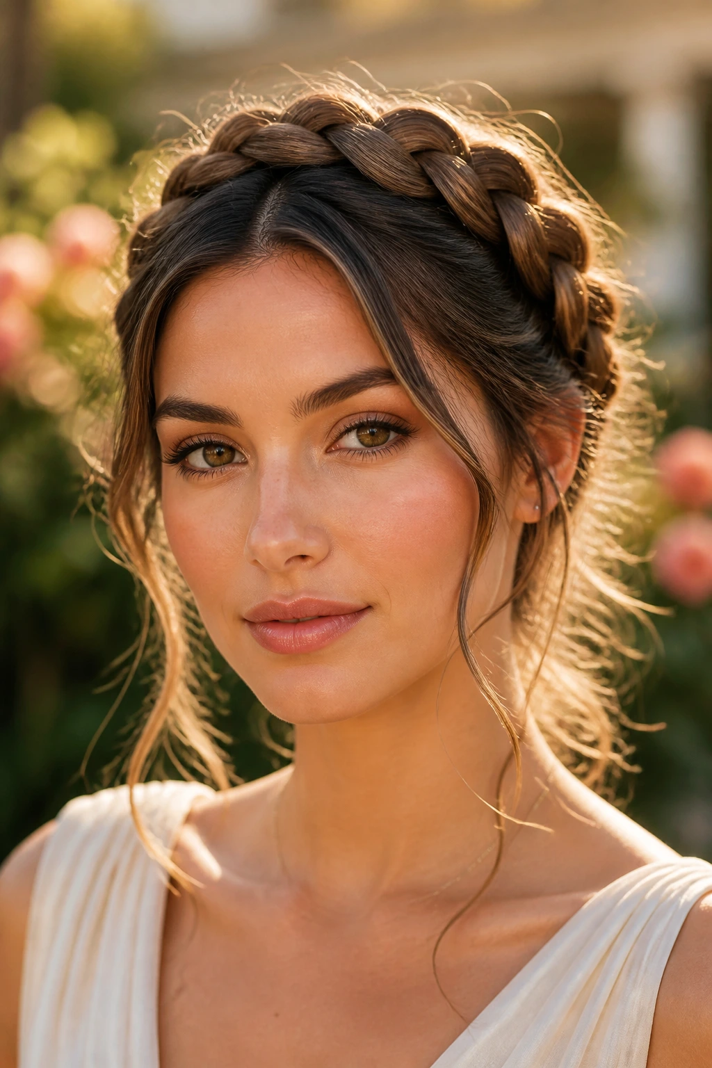Close-up of a woman wearing a Grecian-Inspired Crown braid with face-framing front strands in a sunlit garden