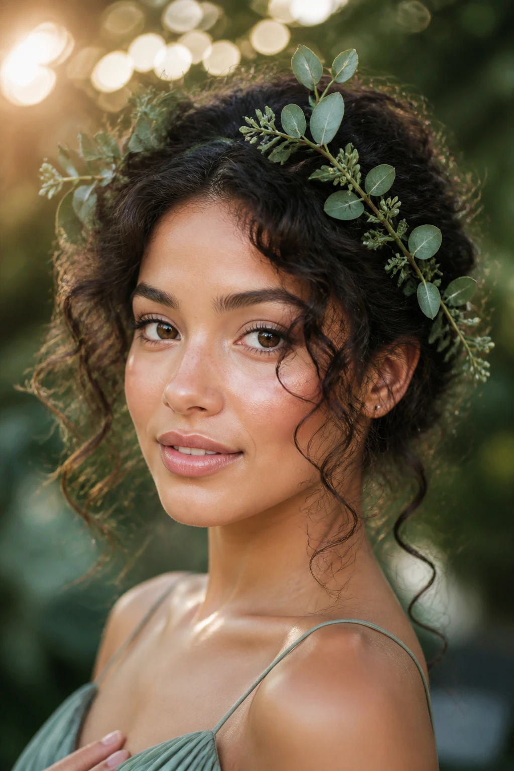 Close-up of greenery woven into curly hair