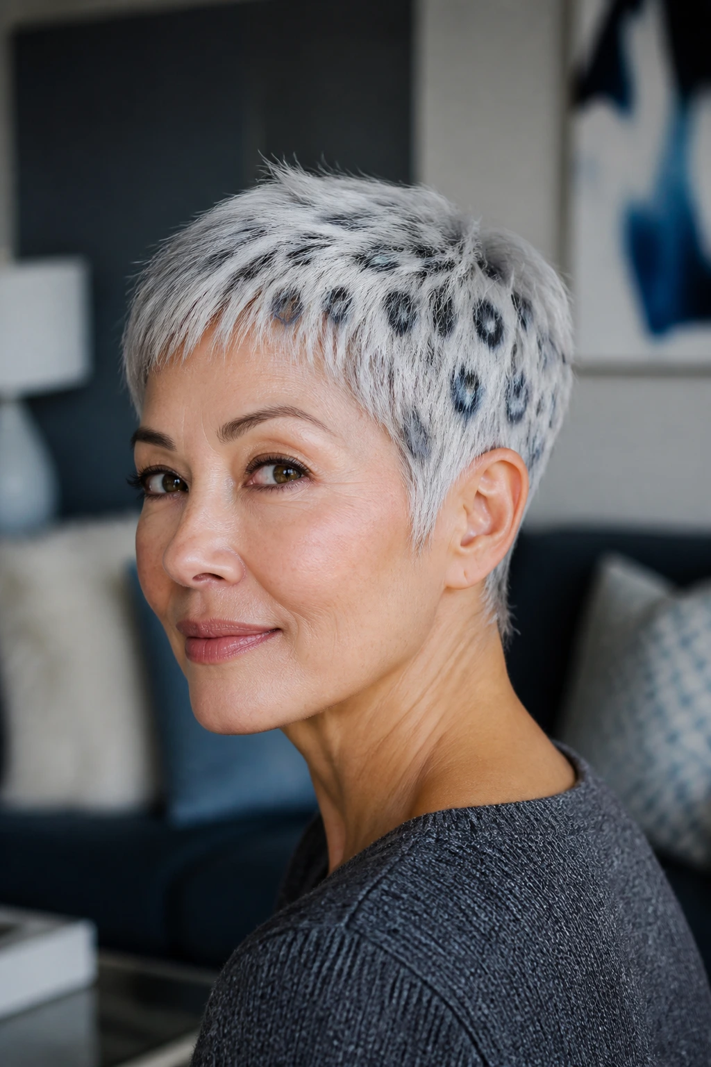 Close-up of silver hair with small charcoal grey and slate blue leopard spots
