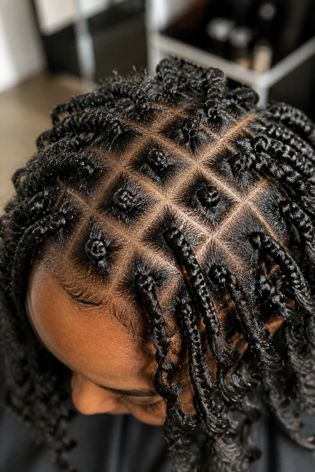 Close-up of grid of square cornrows on scalp with crochet extensions