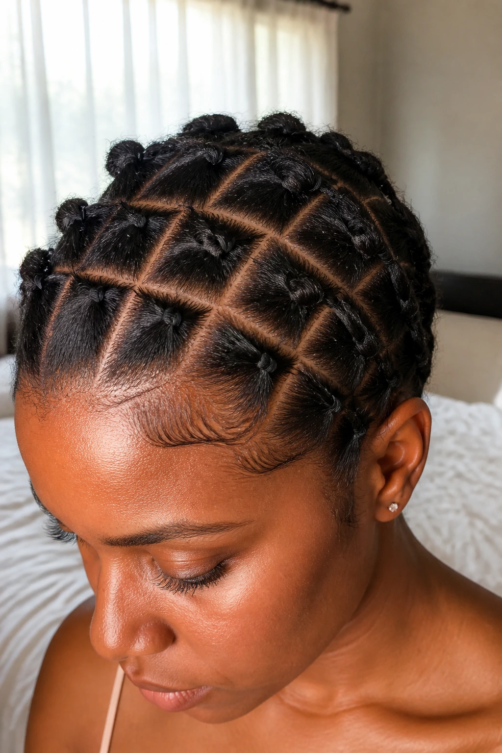 Close-up portrait of a real woman with a grid of micro ponytails across the crown.