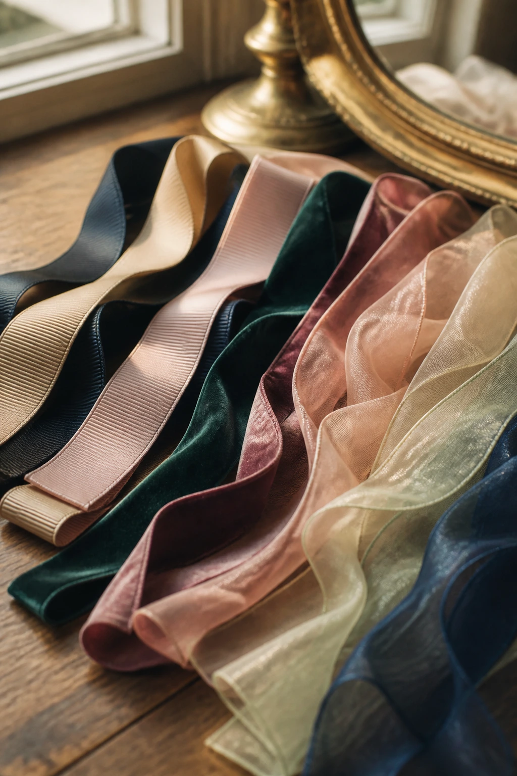 Close-up of textured grosgrain, velvet, organza, and chiffon ribbons on wood to illustrate hair-holding materials