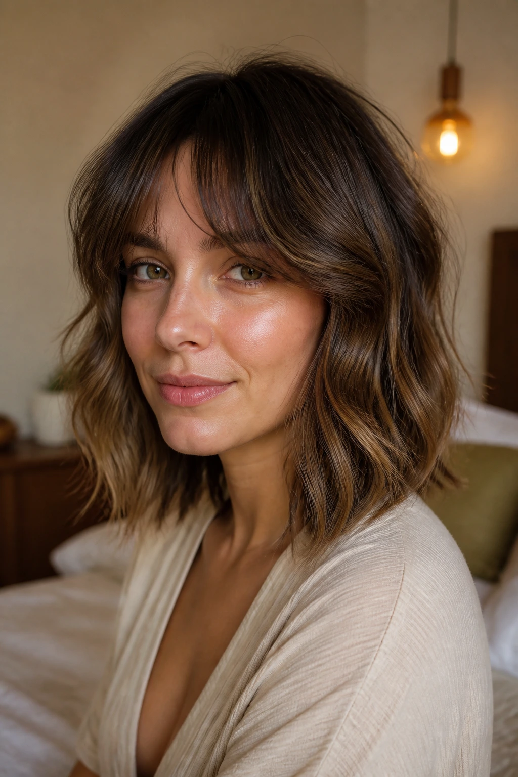 Portrait of real woman with grow-out inverted bob transitioning to long bob.