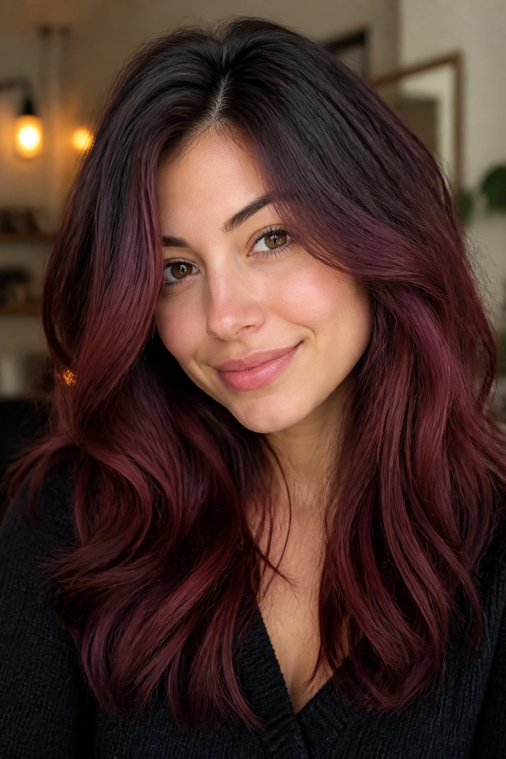Close-up of a person with wine-toned hair and growing-out roots
