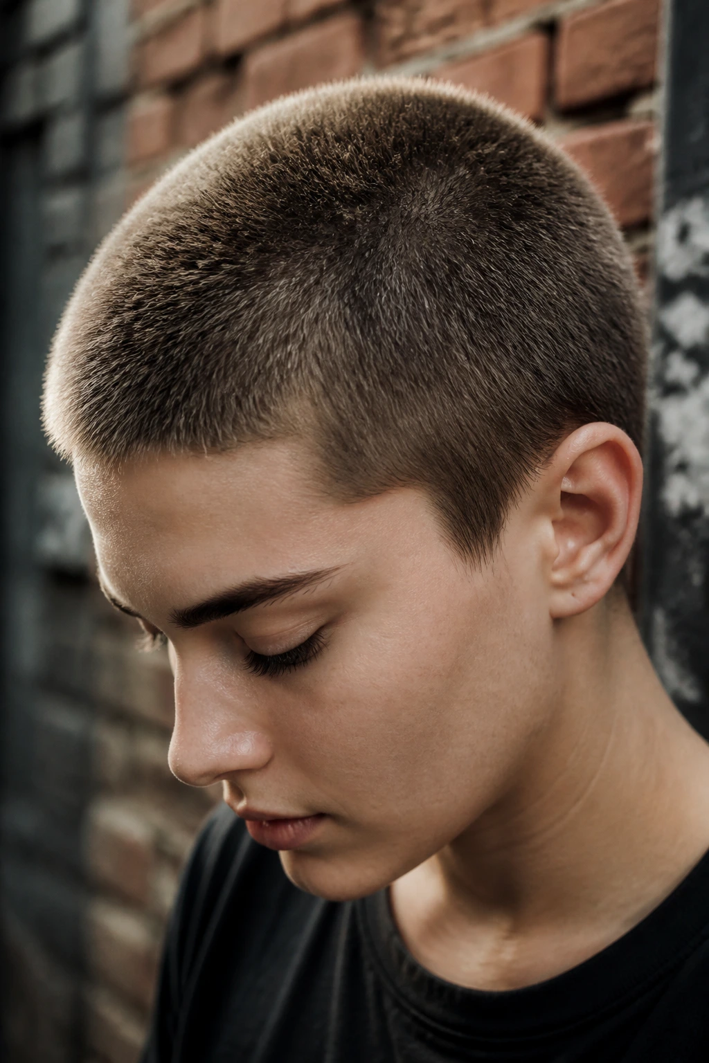 Close-up of a real person with a grown-out buzz cut in an urban setting