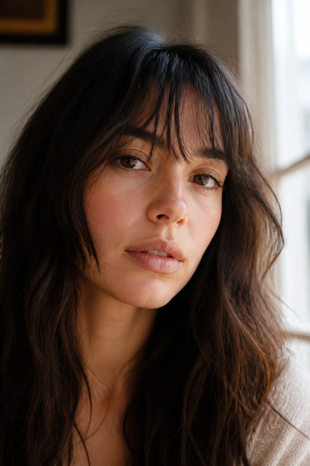 Close-up portrait of a real person with grown-out French bangs resting below the eyebrows