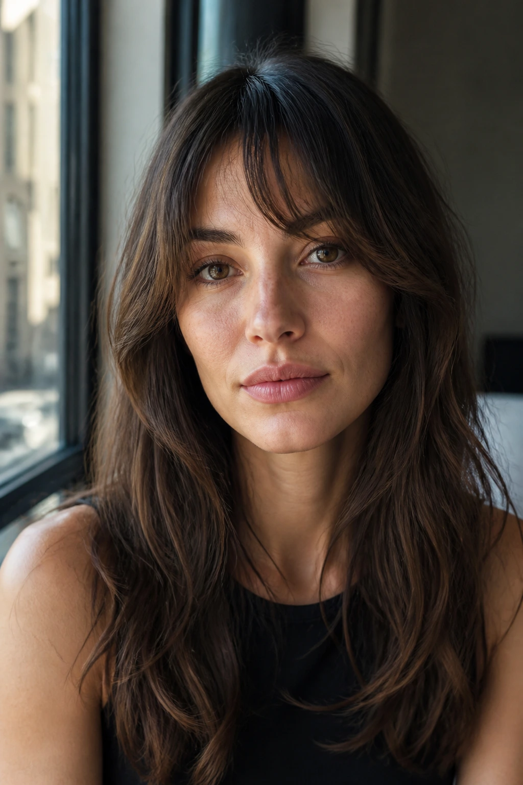 Close-up of a real woman with grown-out French bangs and textured ends