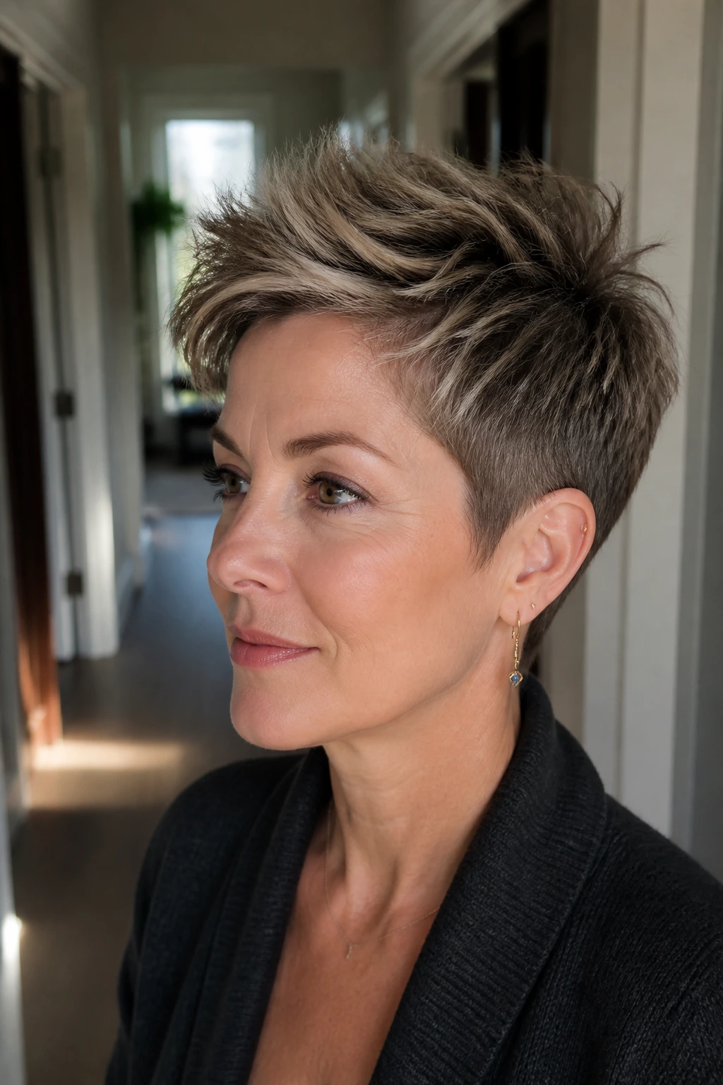 Close-up of grown-out pixie with textured crown on a real person