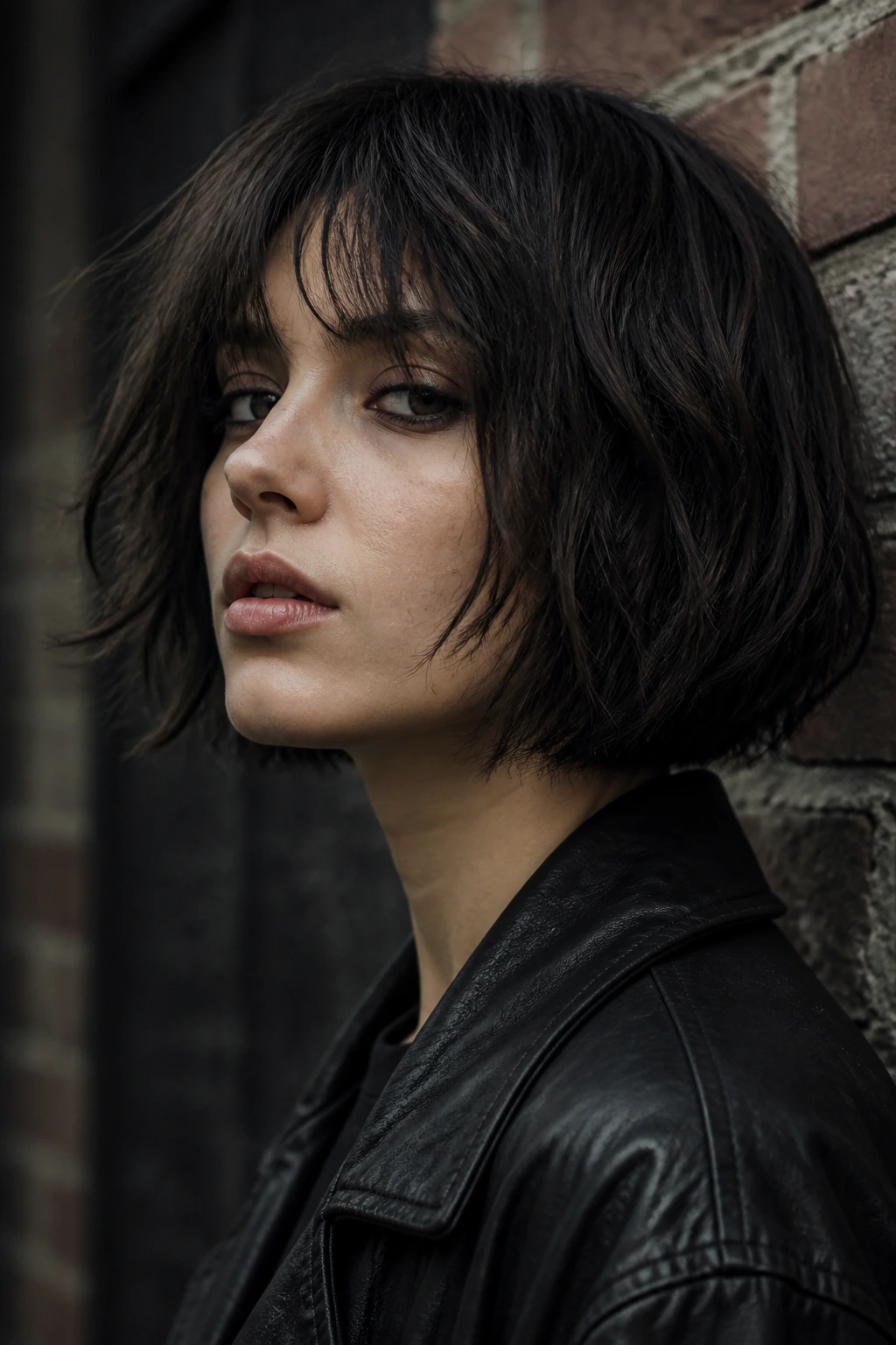 Close-up portrait of a real woman with a grunge bob and matte finish