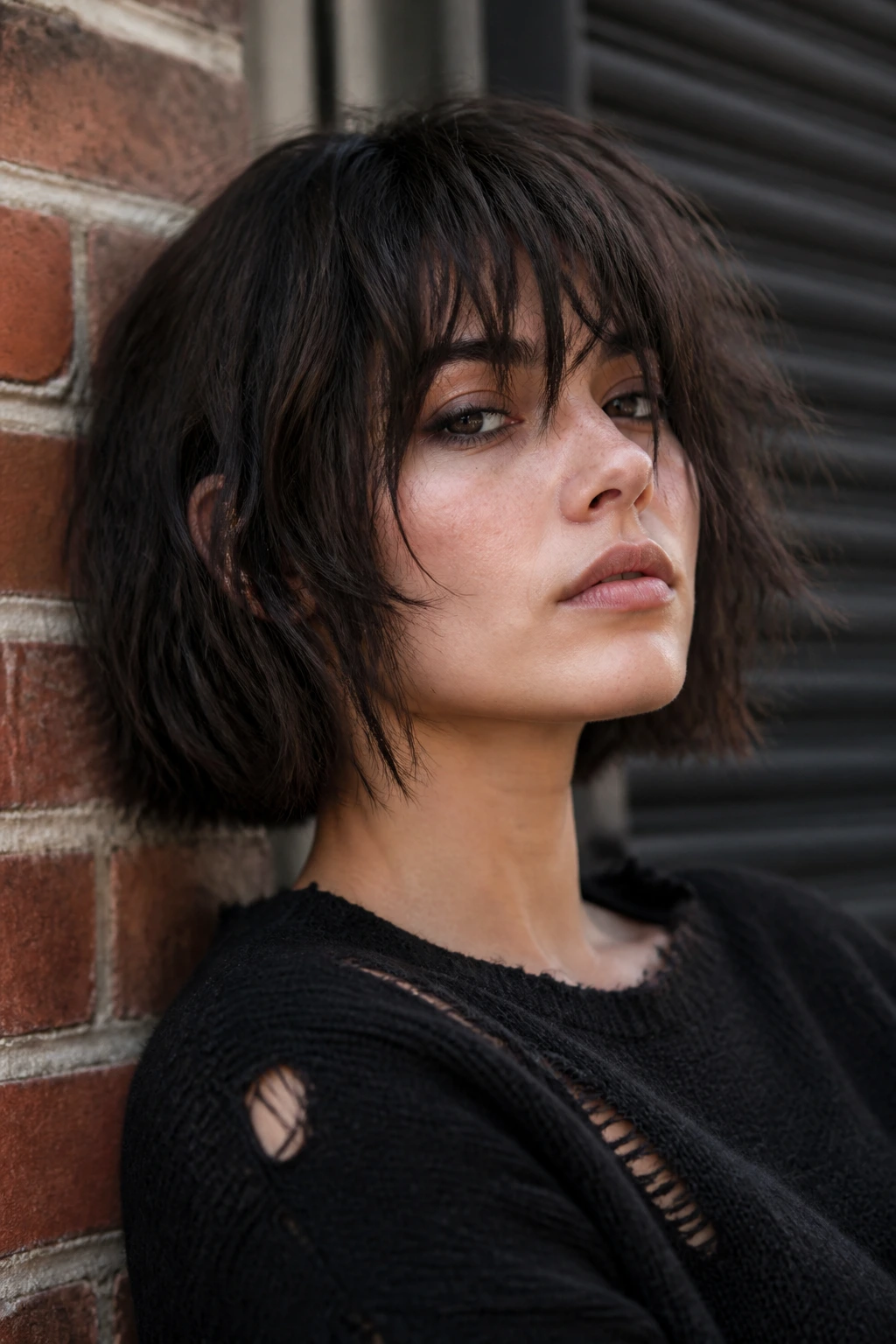Portrait of person with modern grunge bob on city street