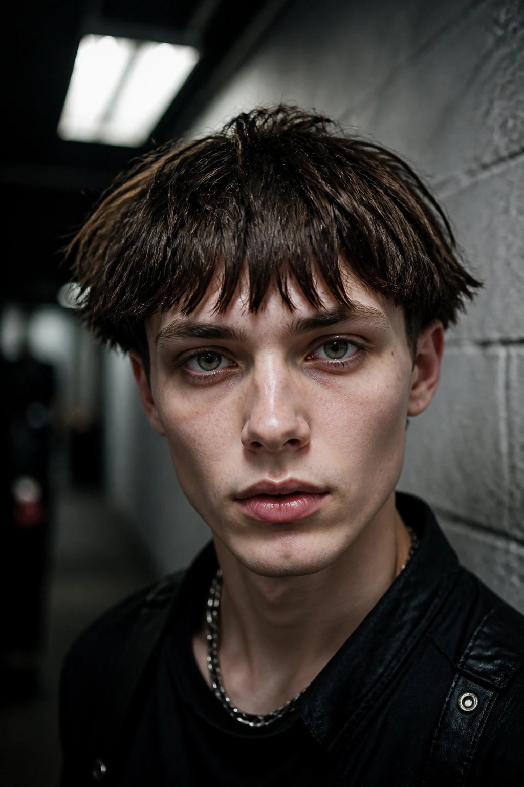 Real person with grunge bowl cut and choppy fringe in backstage setting