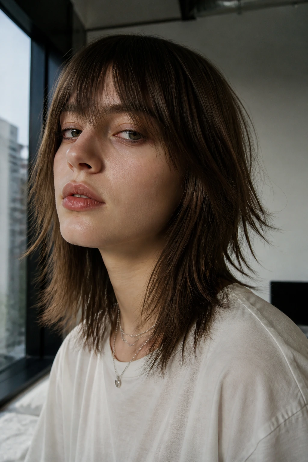 Close-up of a real person with jagged, bedhead flicks on straight hair in an urban apartment