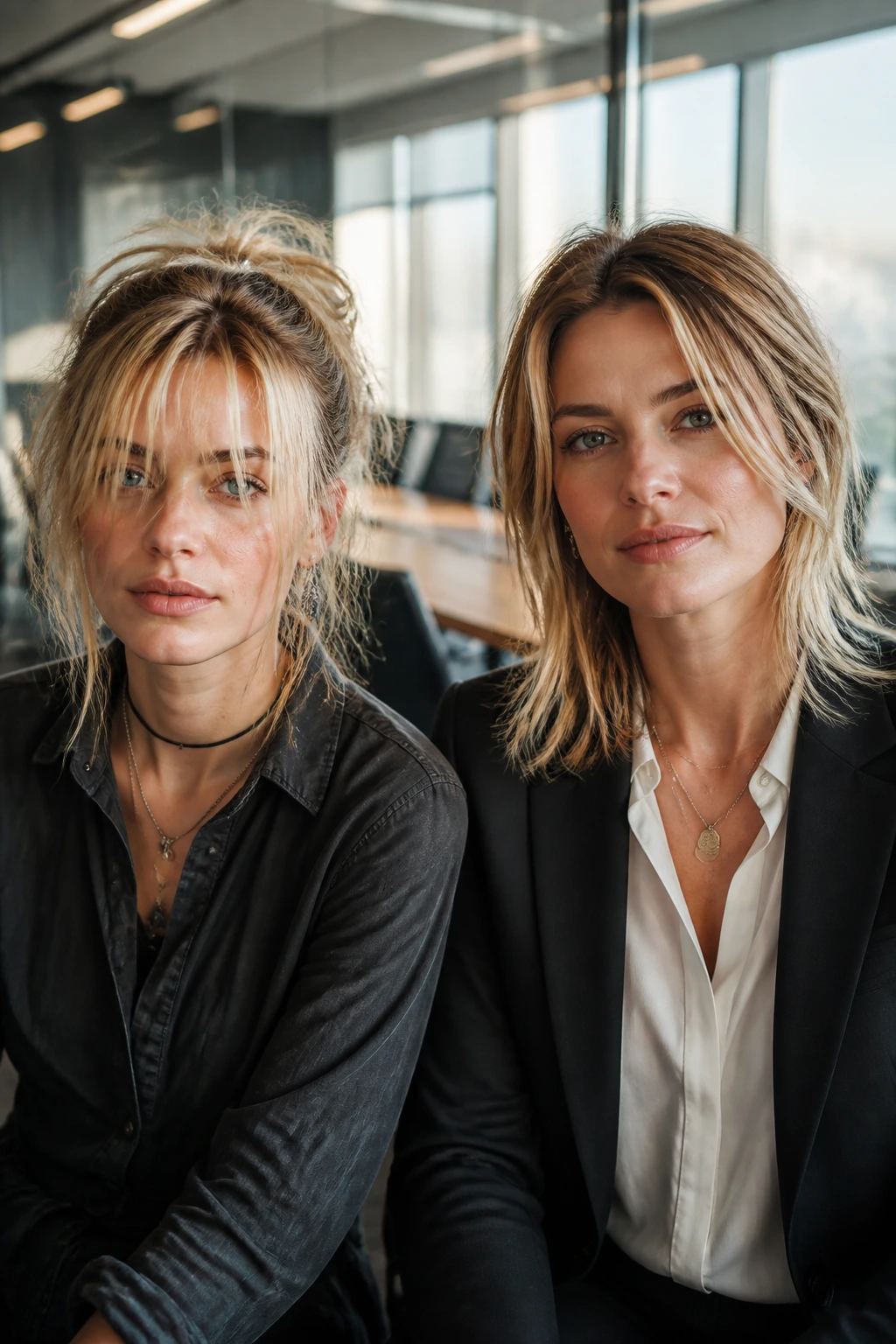 Close-up portrait showing evolution of grunge office hair on a real person