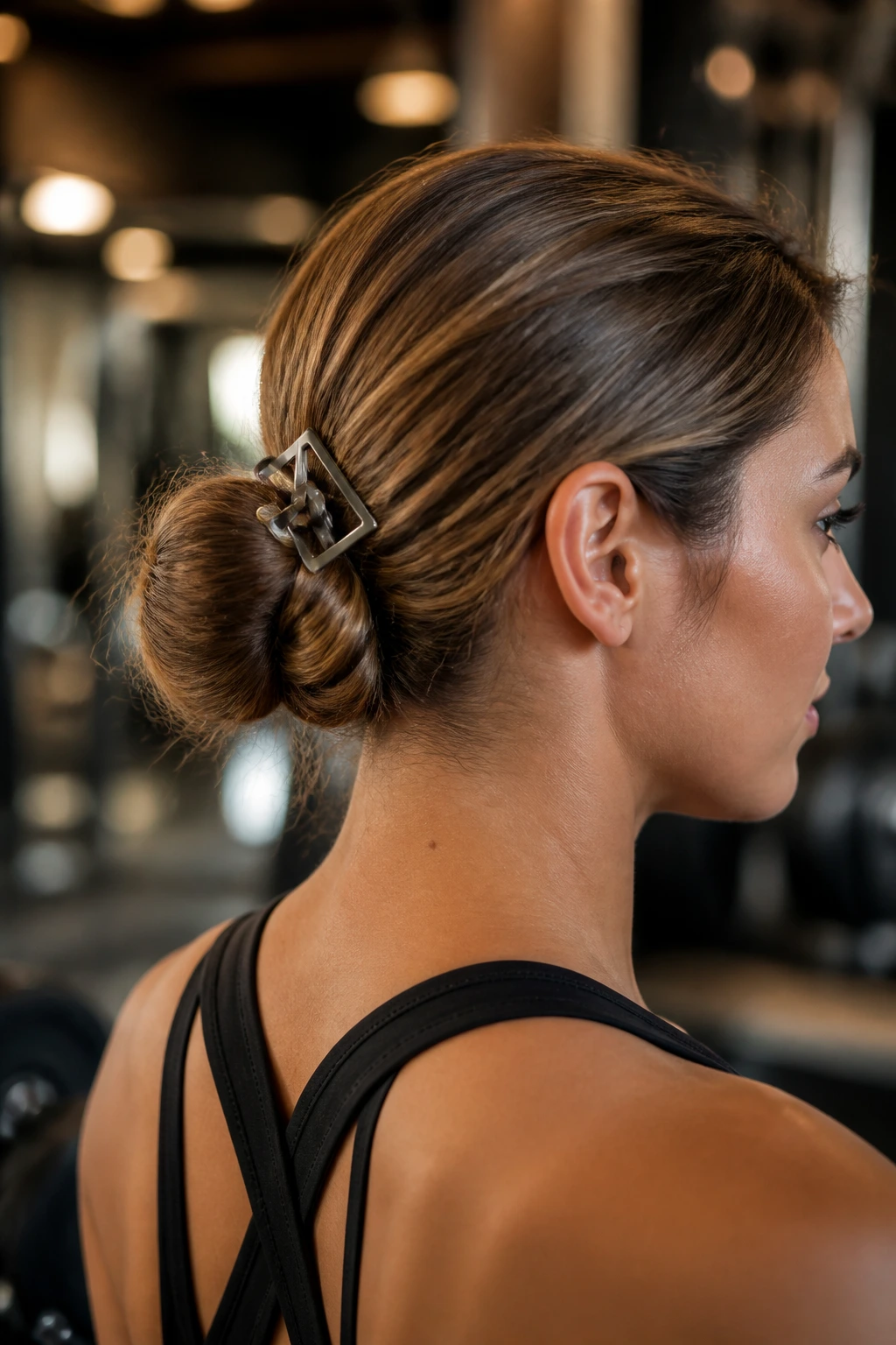 Real woman with matte gunmetal geometric clip securing low bun during workout