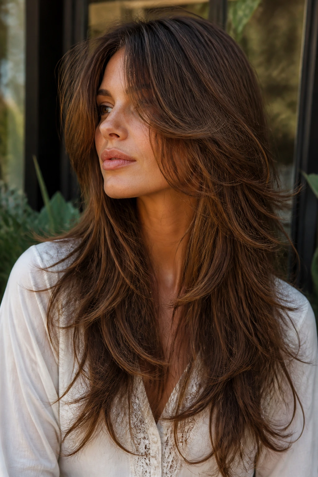 Close-up portrait of a real person with a layered textured Gypsy Cut hairstyle