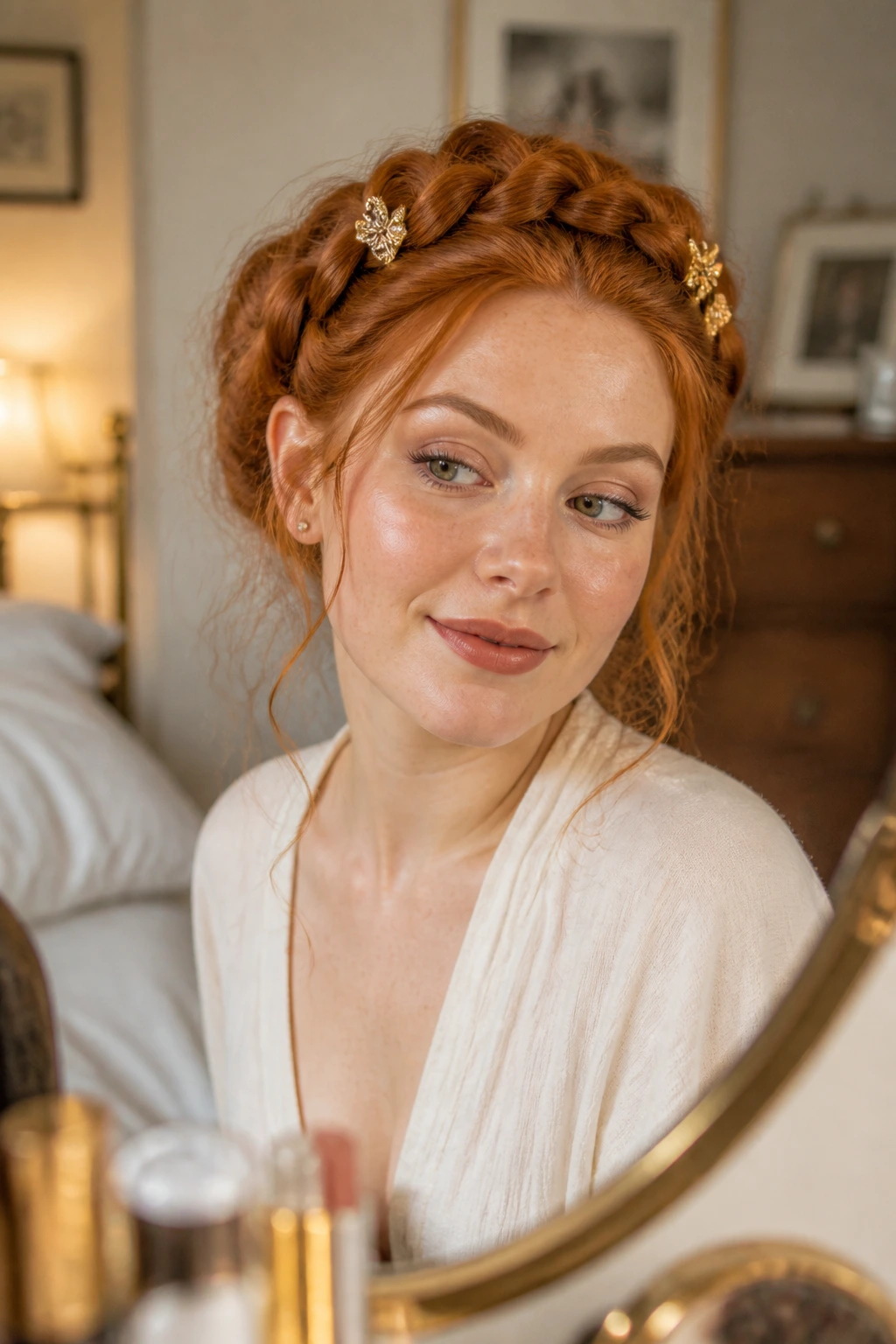 Close-up of a real person with halo hair and gold barrettes in morning light