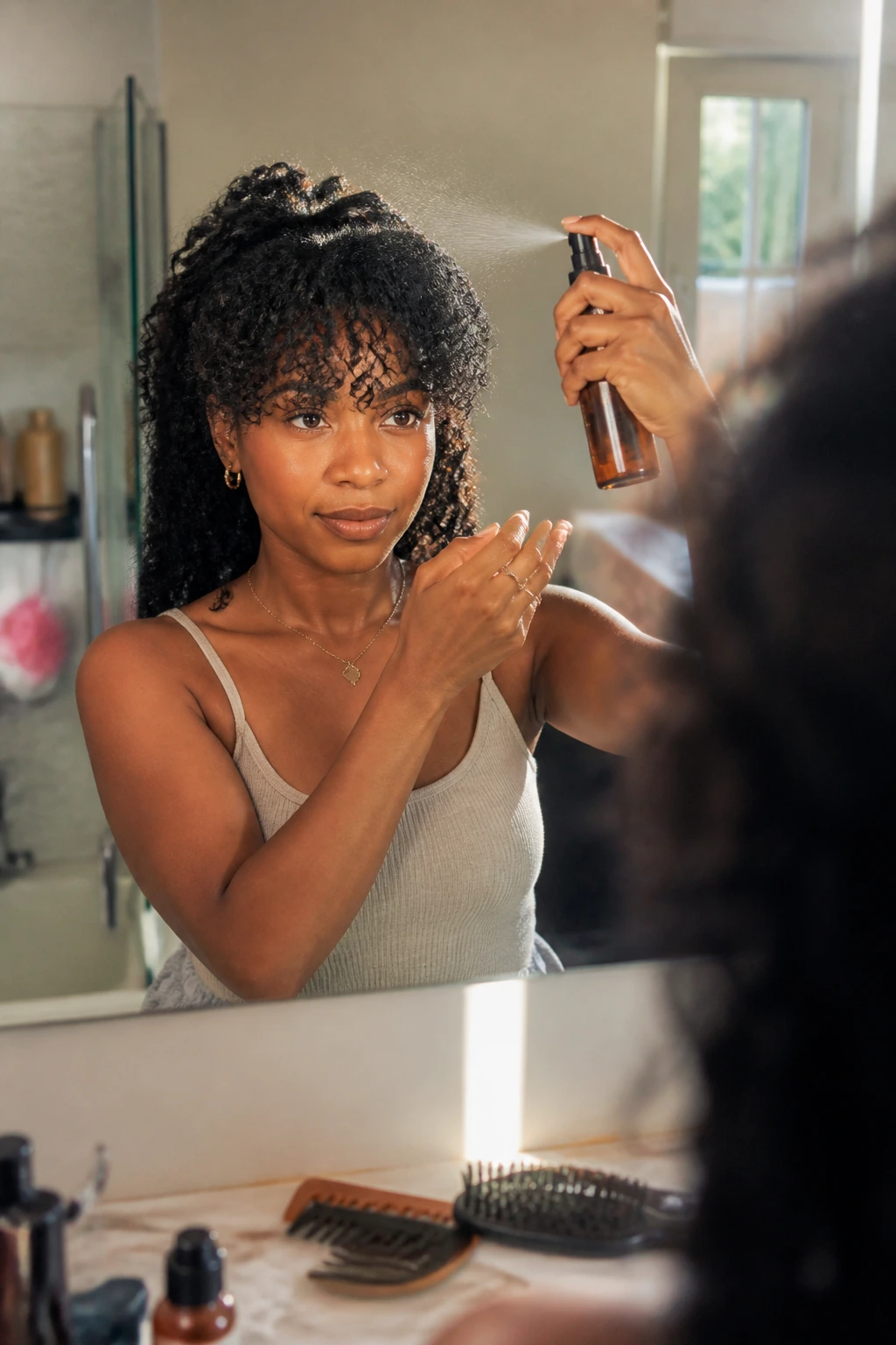 Mid-shot of a person styling bangs with a mist spray bottle