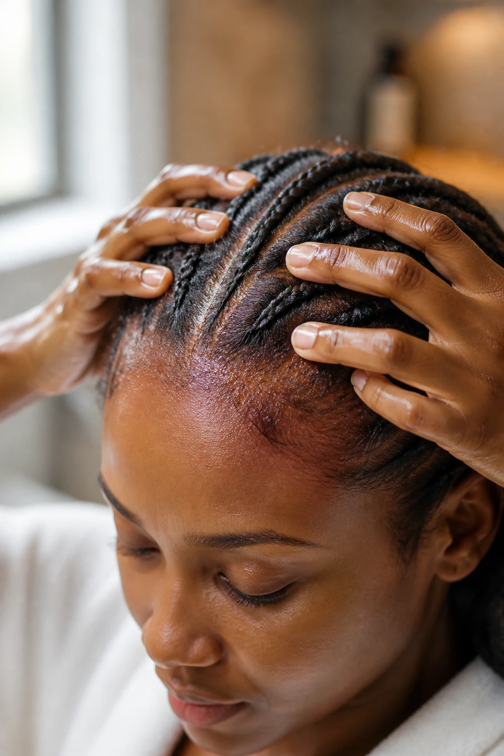 Close-up of scalp being gently cared for to protect high-tension hairstyles.