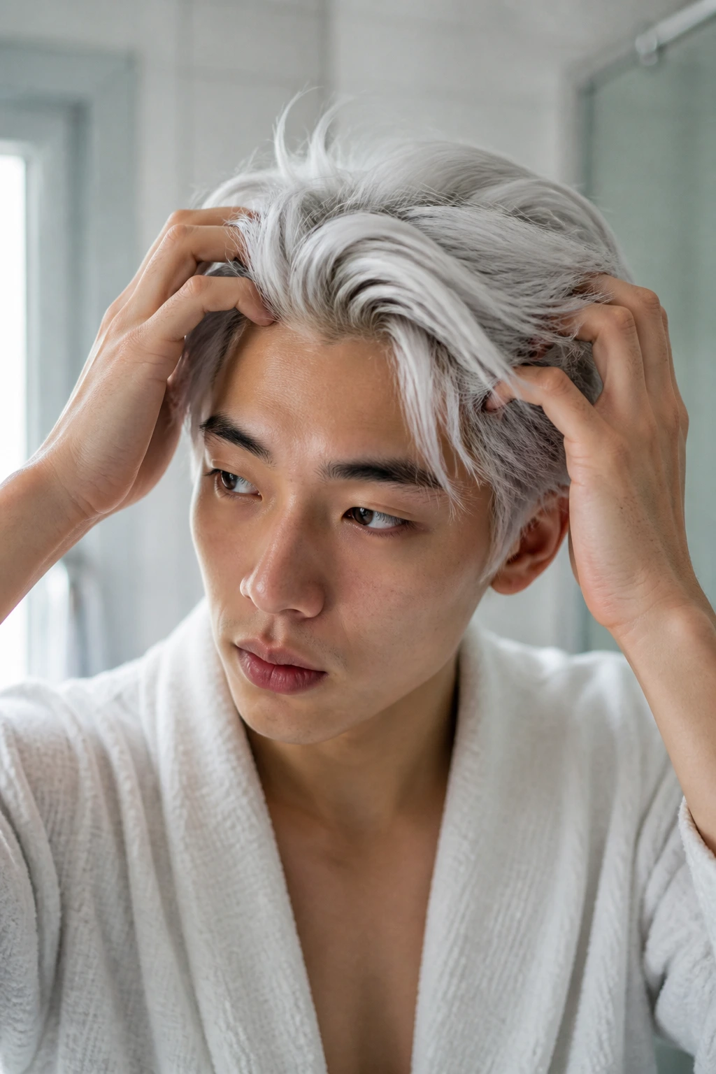 Close-up of a real person with white hair in a bathroom focusing on hair maintenance