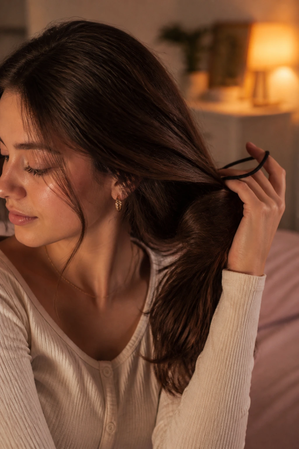 Brunette releasing hair from elastic in warm room