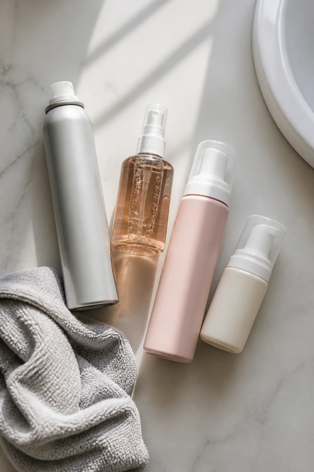 Top-down still life of unlabeled hair care bottles on a bathroom counter