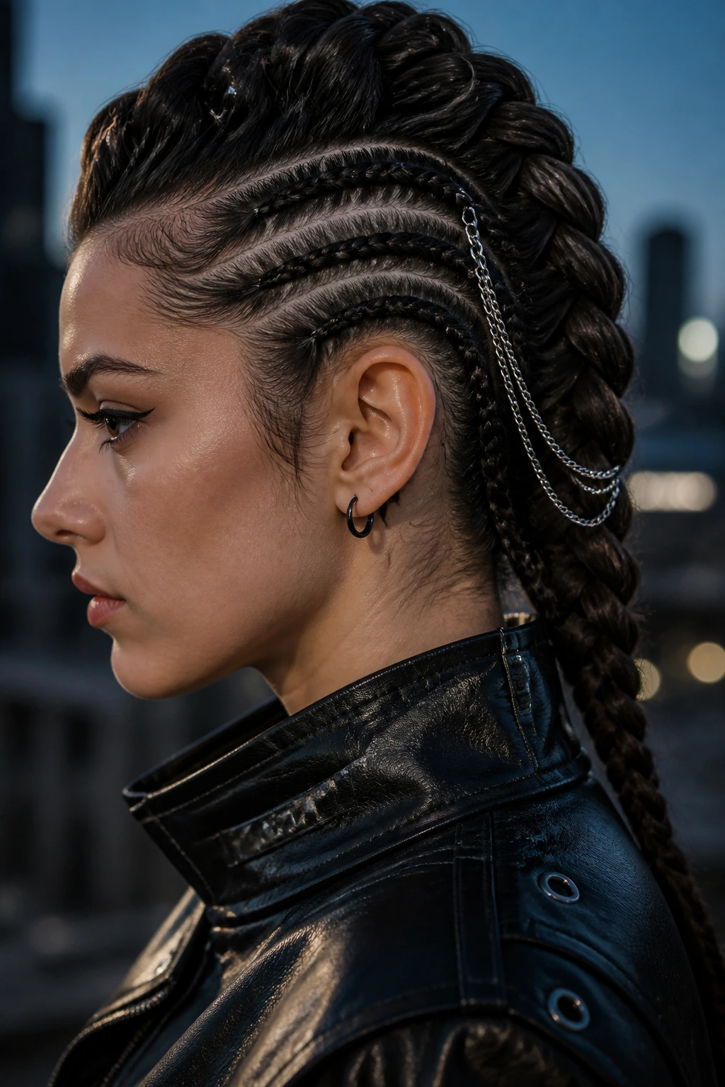 Real person with mohawk braid and hair chain along its length