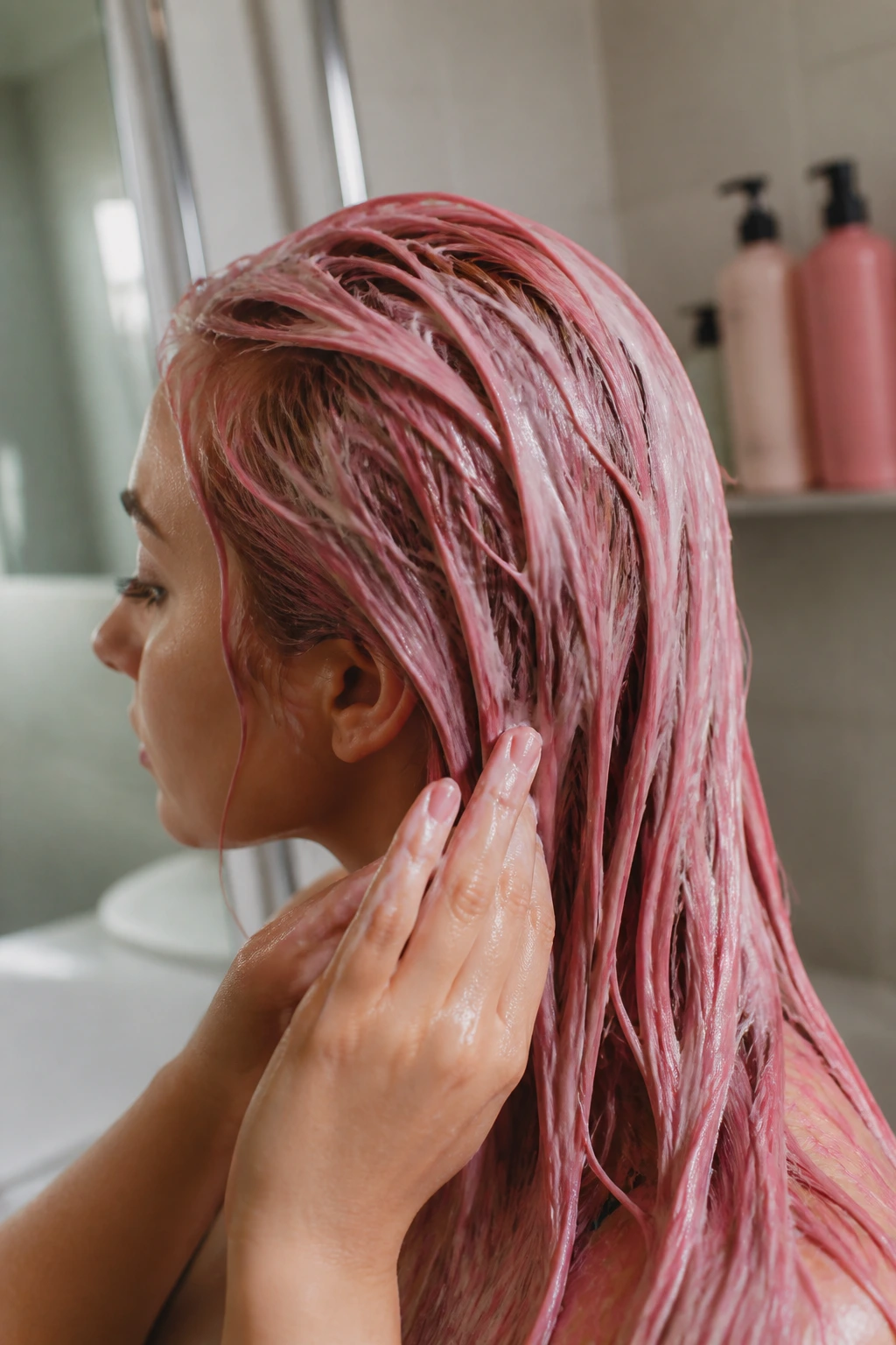 Person with pink hair applying conditioner in a bathroom