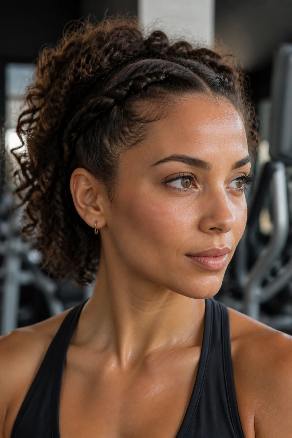 Close-up of a real woman with secured crown twists halo hairstyle