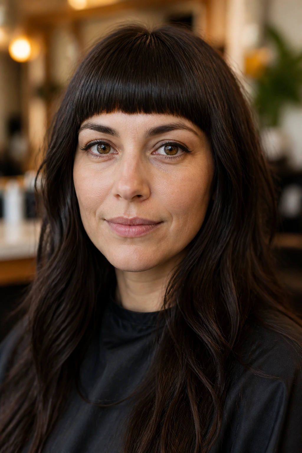 Close-up portrait showing dense fringe density on a real person