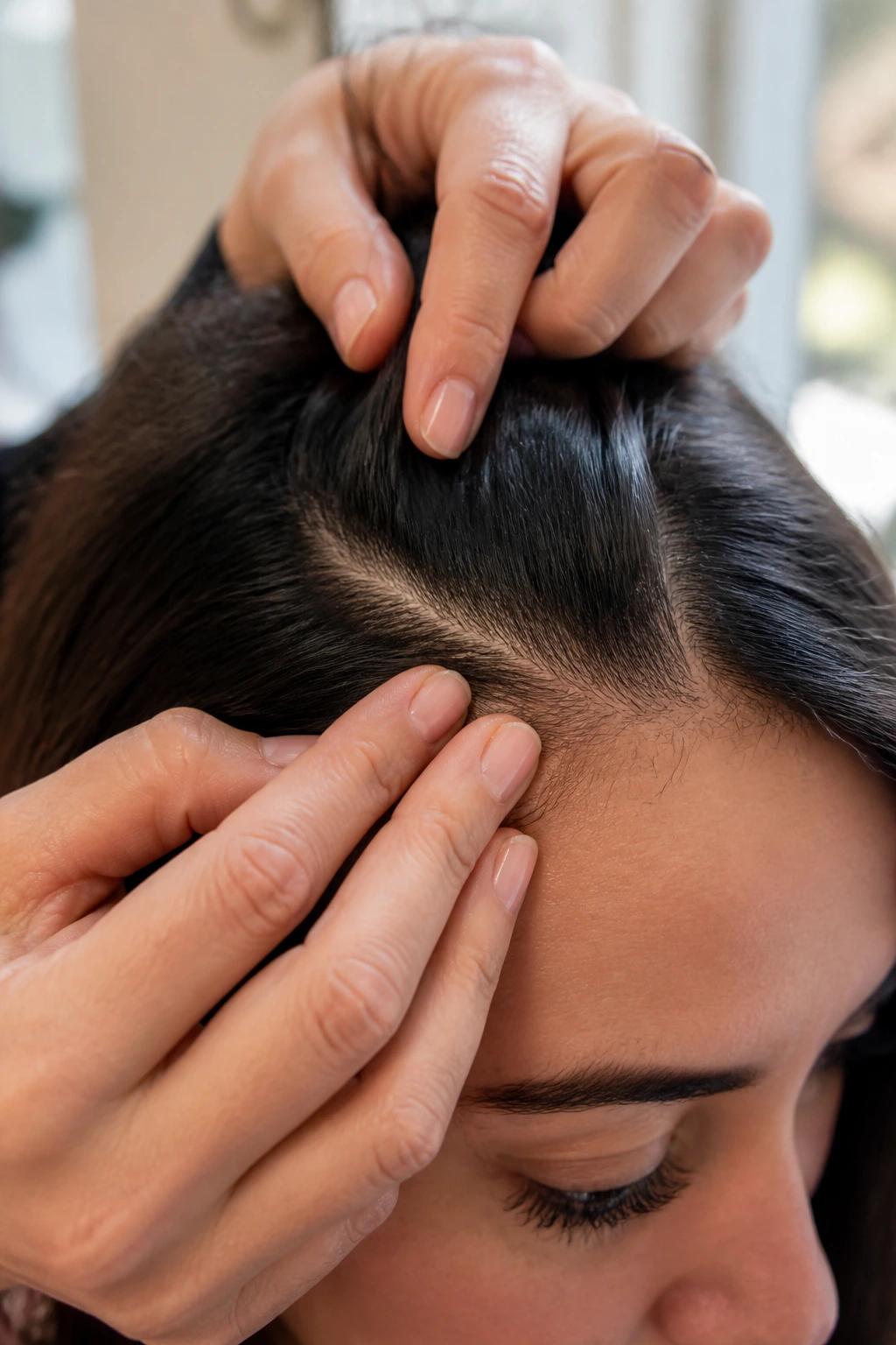 Close-up of fingers measuring hair density at the hairline on a real person
