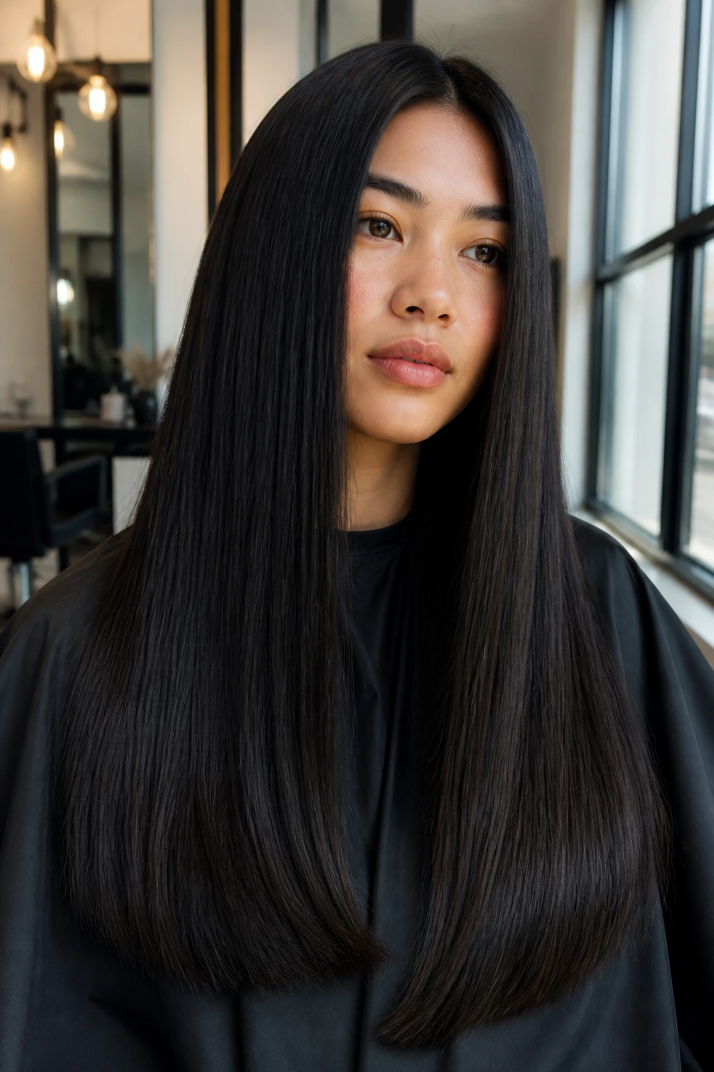 Close-up portrait of dense straight hair on a real person in a salon setting.
