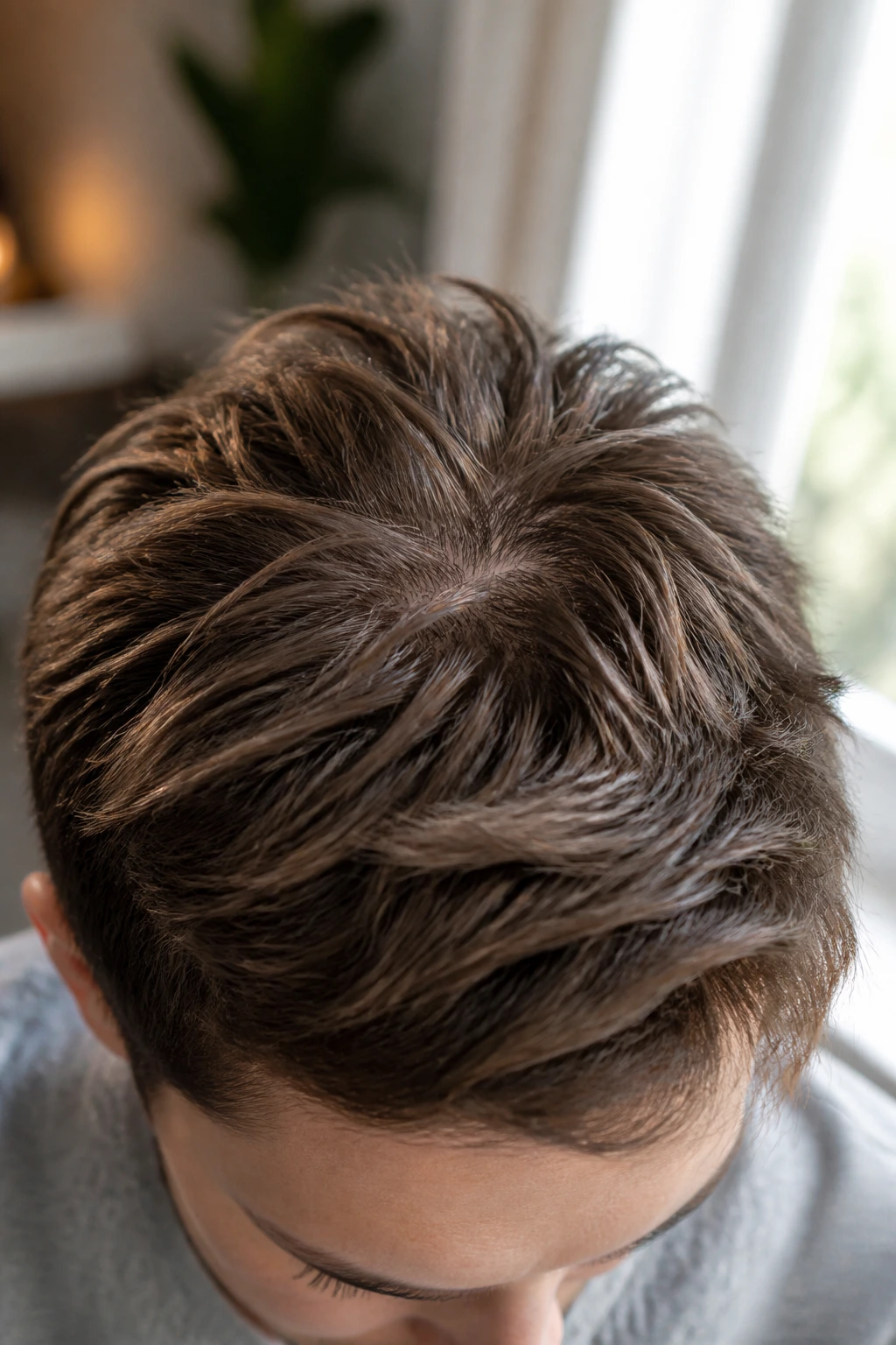 Close-up of a real person's crown showing dense, textured hair in natural light