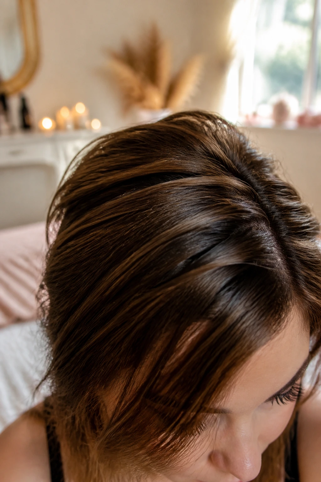 Close-up of a woman's crown showing a volumizing hair extension blended for extra volume