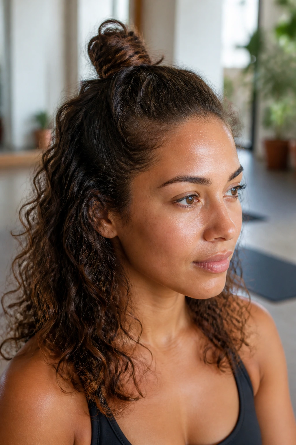 Close-up of a real woman with a mini top-knot in a yoga studio