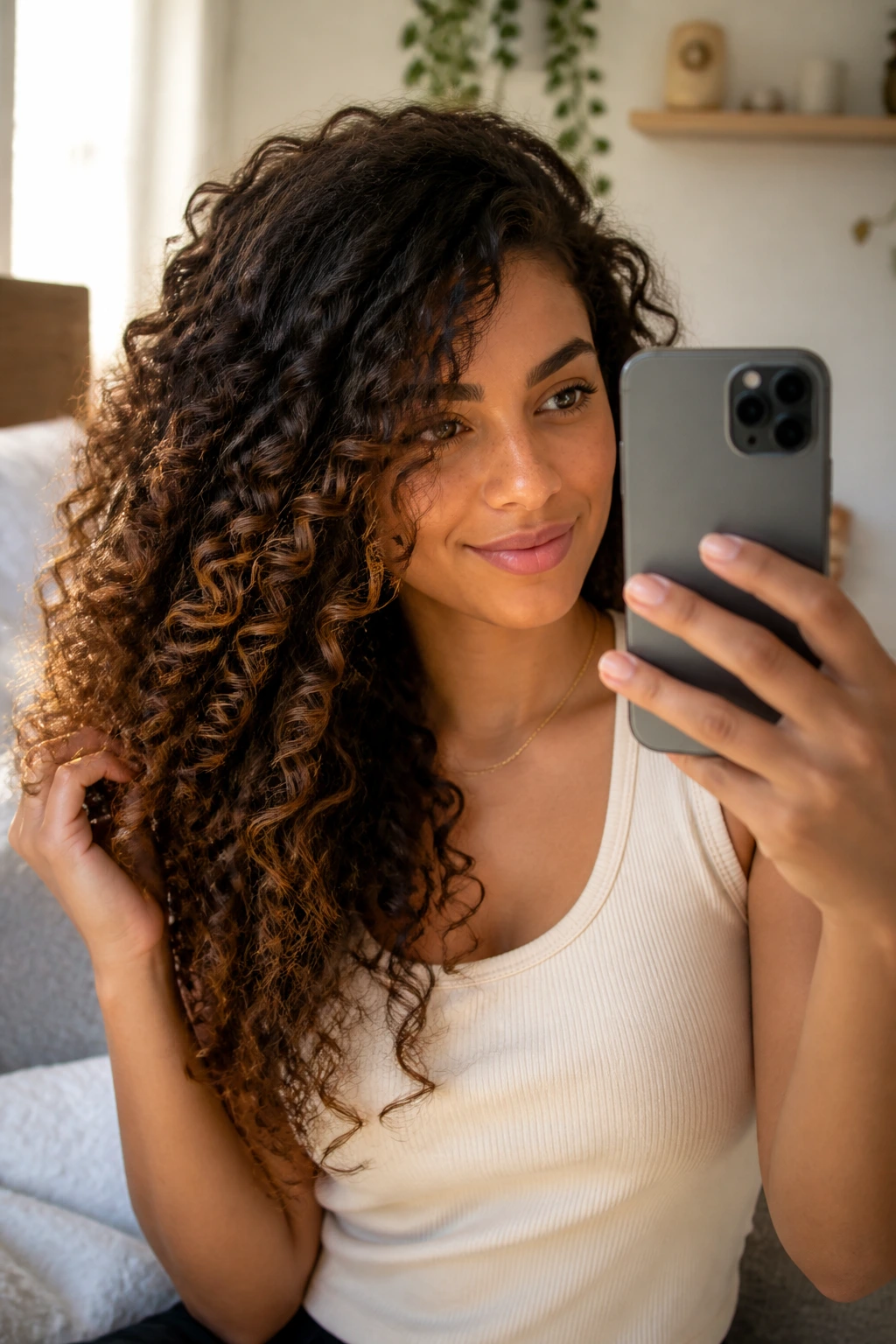 Portrait of a person photographing their own curls in a cozy room