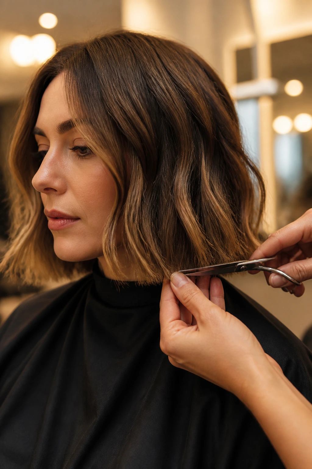 Close-up of a woman getting a routine end trim in a salon