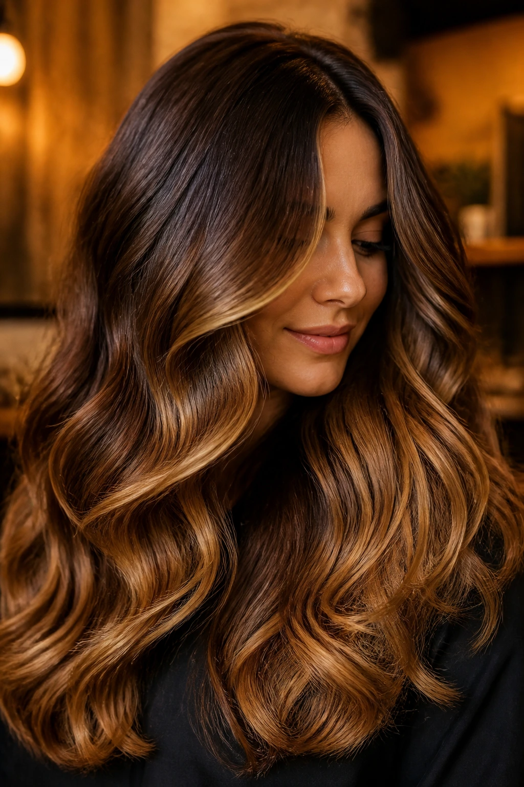 Close-up of deep bronze to amber gold hair melt on thick hair