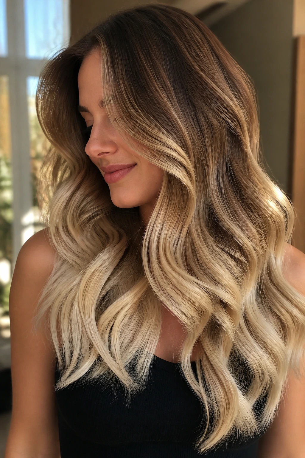 Close-up of thick hair with toasted hazelnut roots blending into vanilla cream ends
