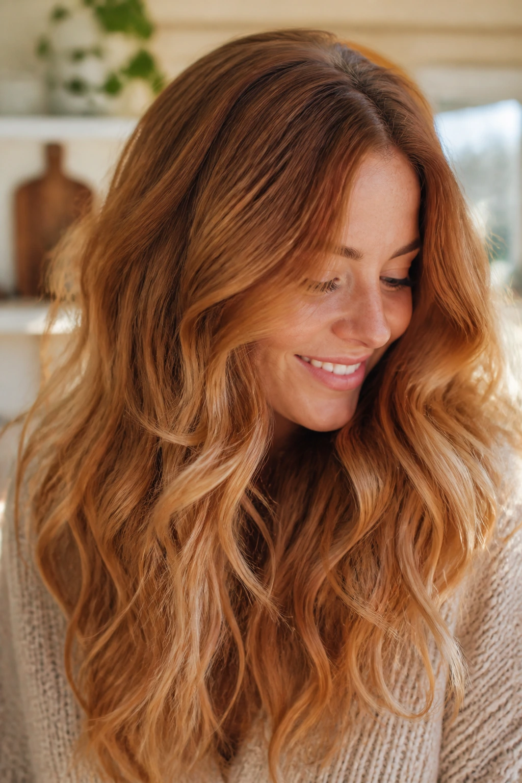 Close-up of gingerbread to strawberry blonde hair melt on thick hair